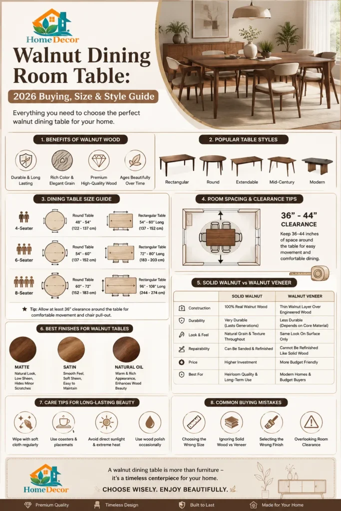 “Infographic showing a premium 2026 guide to walnut dining room tables, including size recommendations, table styles, walnut wood benefits, solid vs veneer comparison, finish options, spacing tips, and buying mistakes, displayed in a clean neutral Pinterest-style layout.”