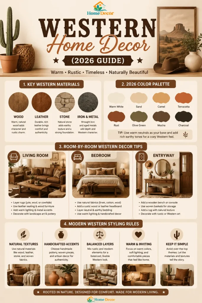 “Infographic explaining modern Western home decor with 2026 color palettes, natural materials, and room-by-room styling tips.”
