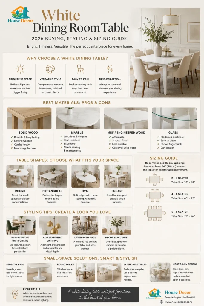 “Modern white dining room table infographic showing 2026 buying tips, table shapes, sizing guide, materials comparison, and styling ideas.”