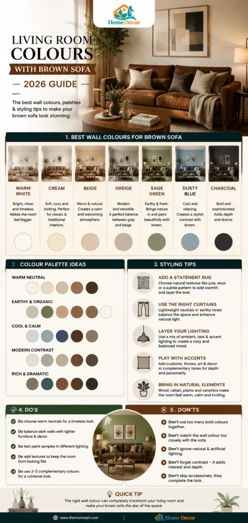  “Luxury-modern infographic showing the best living room colours for a brown sofa, including warm whites, beige, greige, sage green, dusty blue, and charcoal with styling tips and colour swatches.”