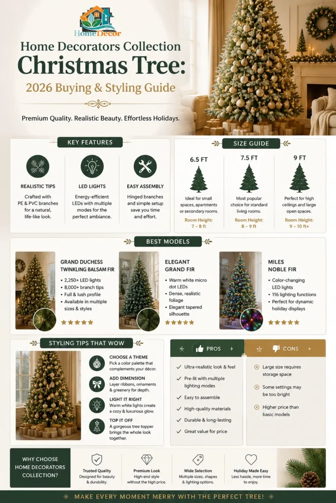 “2026 Home Decorators Collection Christmas Tree buying guide infographic showing best models, features, sizes, and styling tips in a modern neutral home-decor layout.”