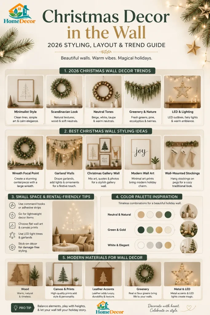“Modern Christmas wall décor infographic showing 2026 trends, minimalist styling ideas, neutral color palettes, garland walls, wreath displays, and holiday wall art inspirations.”
