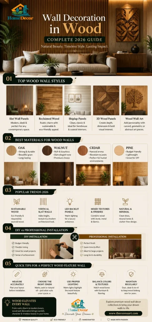  “Modern wood wall decoration infographic showing wooden slat panels, reclaimed wood designs, and 2026 interior design trends.”