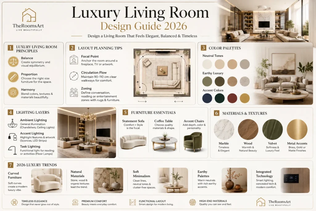 Luxury living room design guide infographic 2026 showing layout tips, lighting layers, furniture ideas, color palettes, and modern high-end interior design trends.