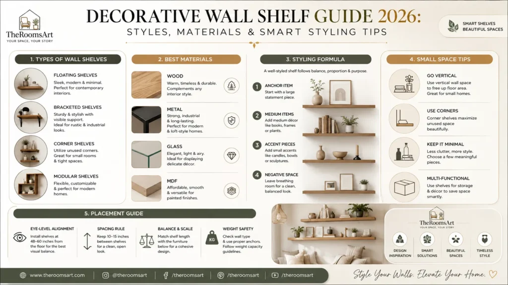 Decorative wall shelf guide infographic showing types, materials, styling tips, and placement ideas for modern 2026 home interior design.