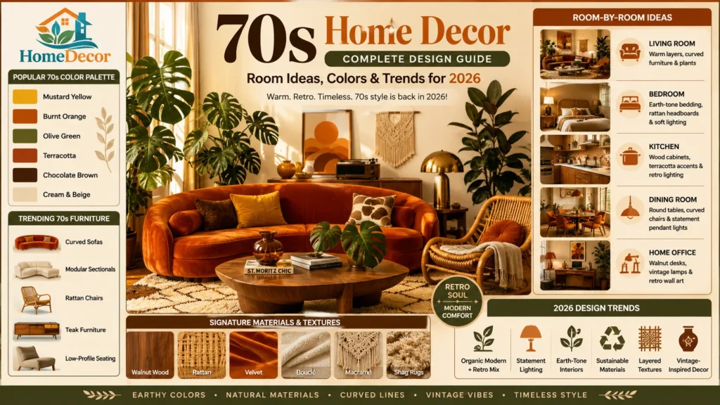 70s home decor living room featuring curved burnt orange sofa, walnut furniture, rattan accents, earthy color palette, retro lighting, and modern vintage interior design trends for 2026