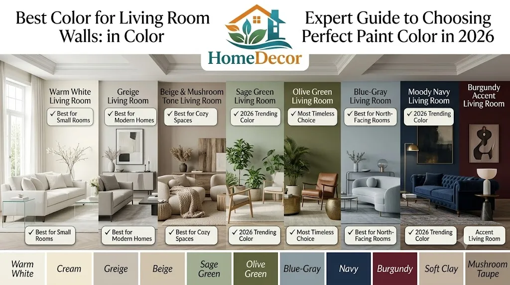 Best color for living room walls infographic showing warm white, greige, beige, sage green, olive green, blue-gray, navy, and burgundy living room color ideas for modern homes in 2026.