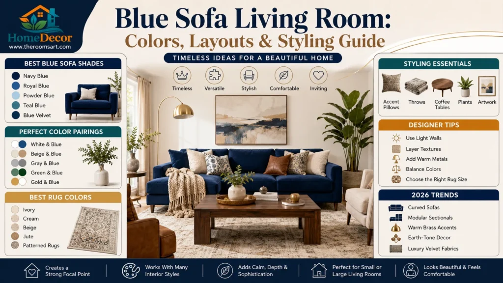 Blue sofa living room infographic featuring color combinations, furniture layouts, rug ideas, styling tips, and 2026 interior design trends for modern homes.