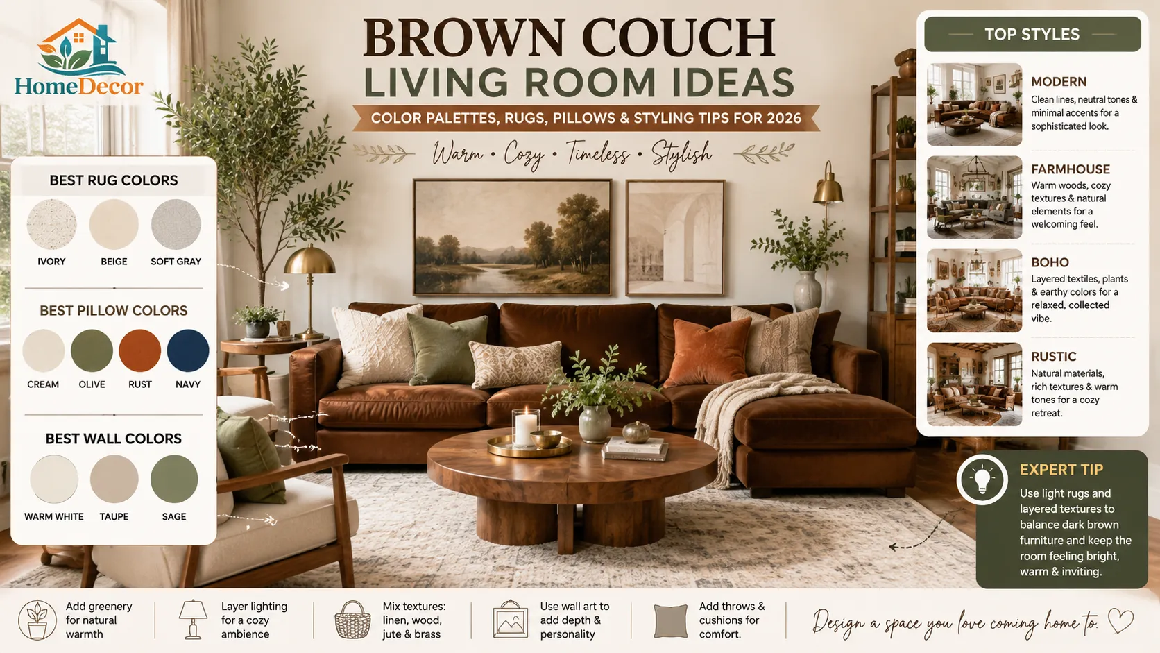 Brown couch living room featuring cream pillows, ivory rug, wood furniture, and modern neutral decor ideas for a warm and stylish home.