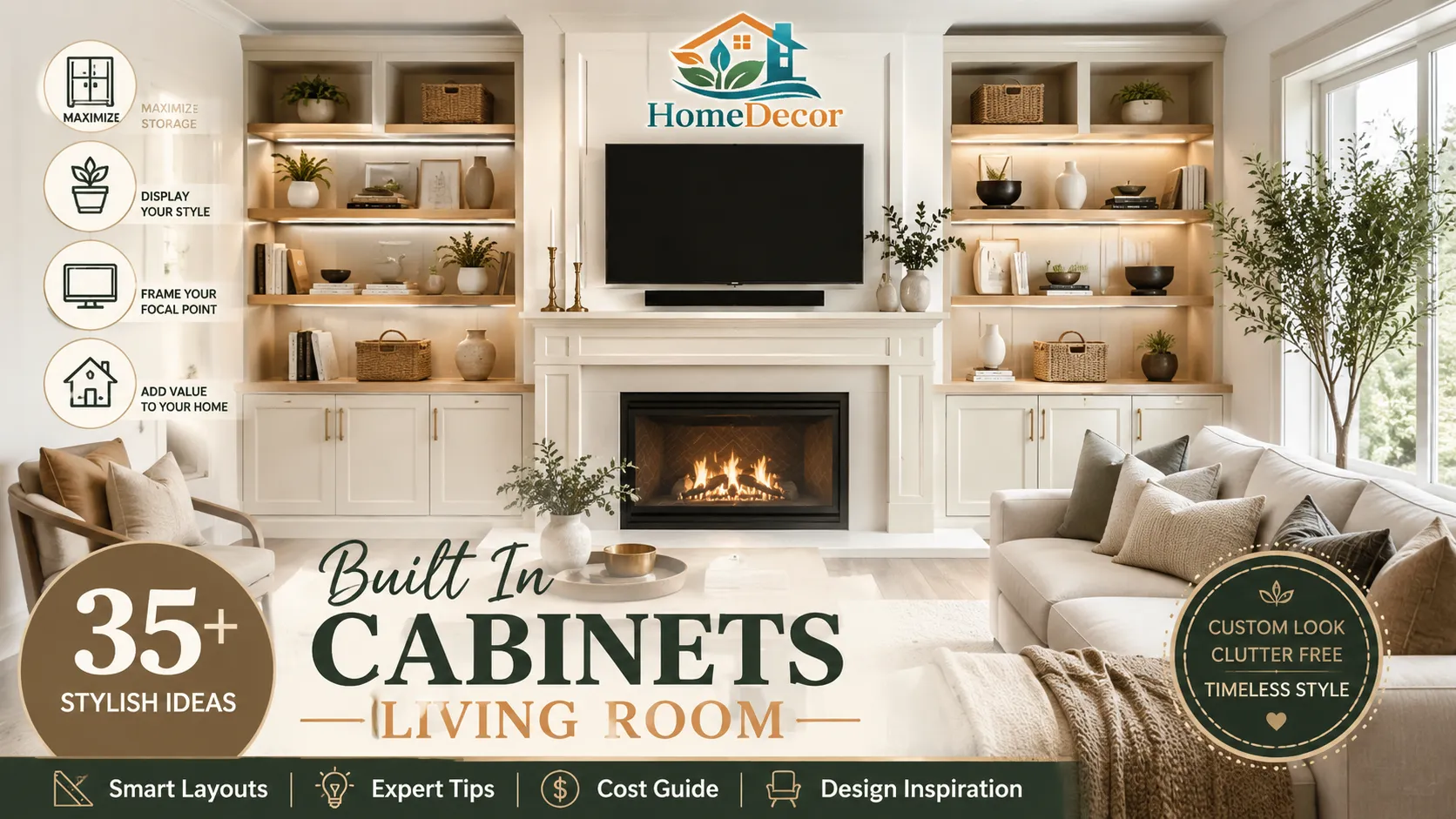 Built-in cabinets in the living room with floor-to-ceiling shelving, lower storage cabinets, and a custom fireplace media wall in a bright modern home.
