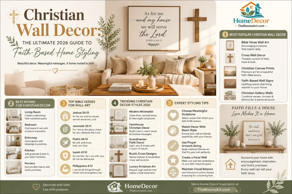 Christian Wall Decor infographic featuring Bible verse wall art, cross decorations, Christian canvas prints, faith-based home styling ideas, modern Christian interior design trends, and room-by-room decor inspiration for living rooms, bedrooms, kitchens, and entryways.