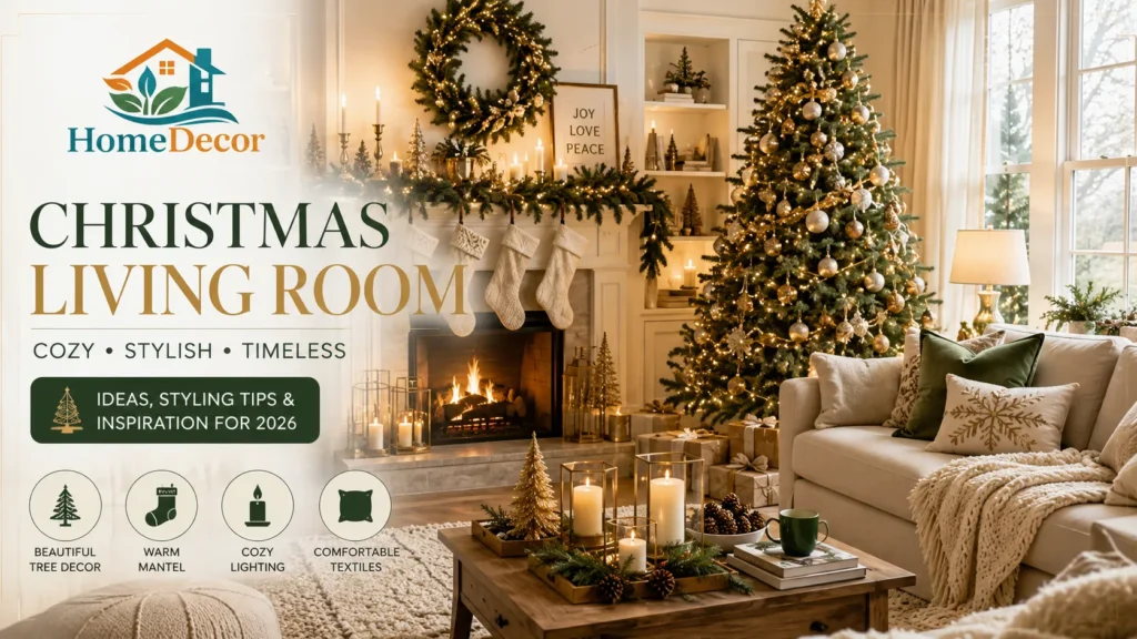 Christmas living room with decorated tree, festive mantel, warm lighting, neutral sofa, and cozy holiday decor ideas.