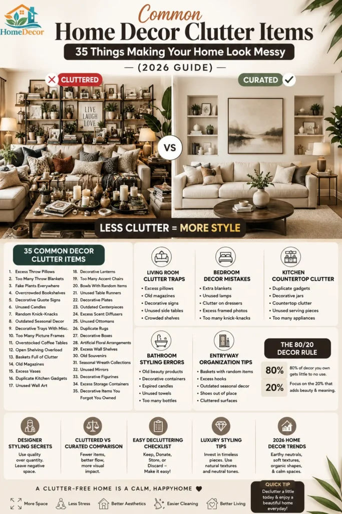  Luxury Pinterest infographic showing 35 common home decor clutter items that make a house look messy, with before-and-after living room styling examples and decluttering tips for a cleaner, more organized home.