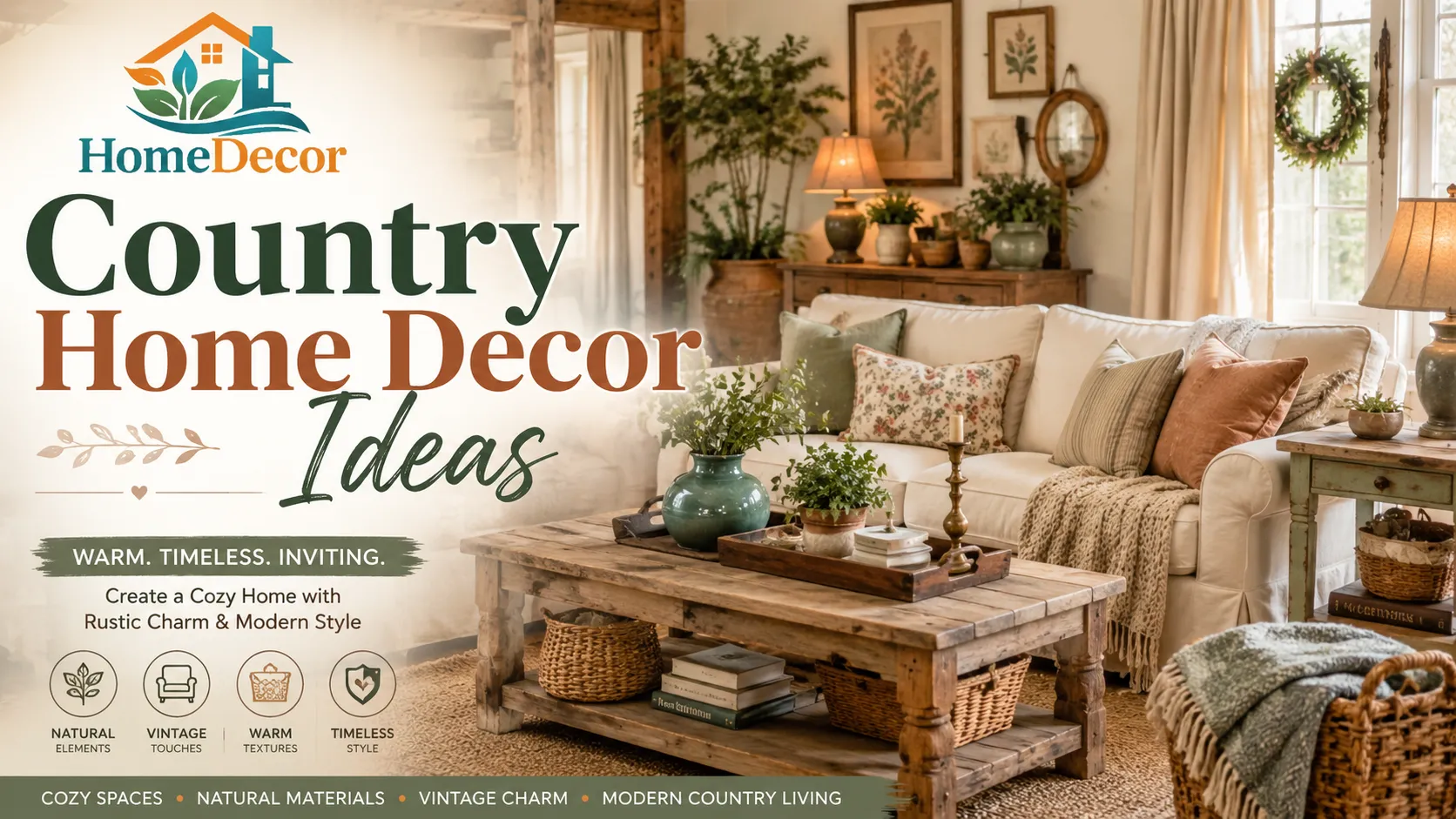 Modern country home decor living room with cream sofa, reclaimed wood coffee table, woven baskets, vintage wall art, linen curtains, and cozy rustic accents.
