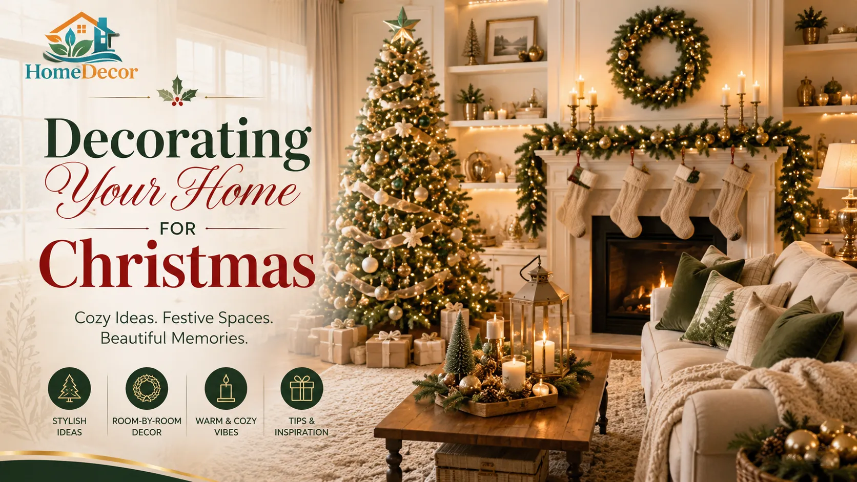 Modern living room decorated for Christmas with a tall Christmas tree, garland mantel, candles, cozy neutral furniture, and elegant holiday decor ideas.