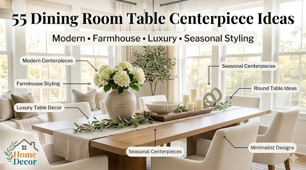 Elegant dining room table centerpiece ideas featuring ceramic vases, fresh flowers, candles, greenery, and modern decor styling in a luxury dining room for 2026.