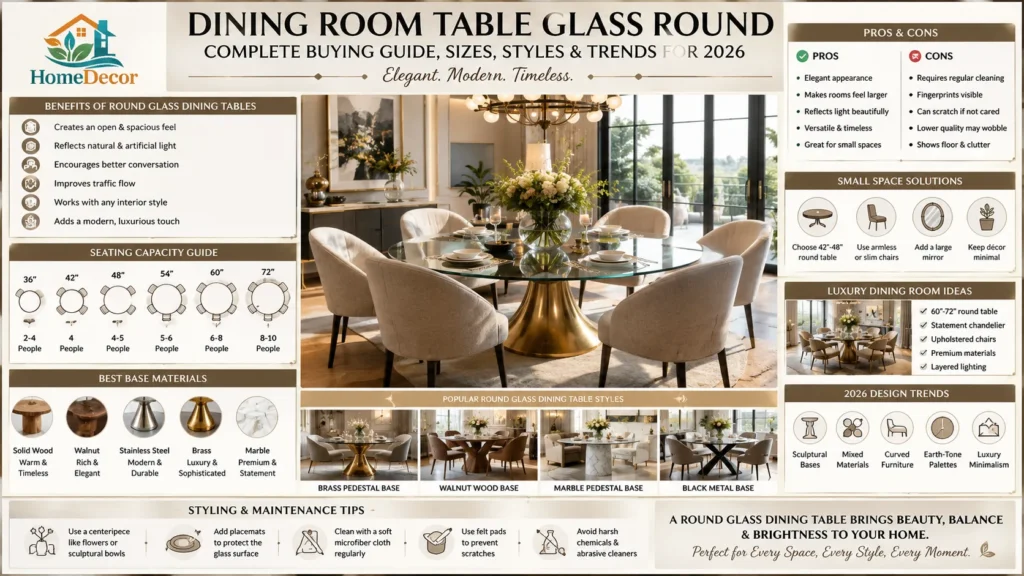Modern round glass dining room table with upholstered chairs, luxury brass base, seating size guide, design ideas, and 2026 dining room trends infographic.