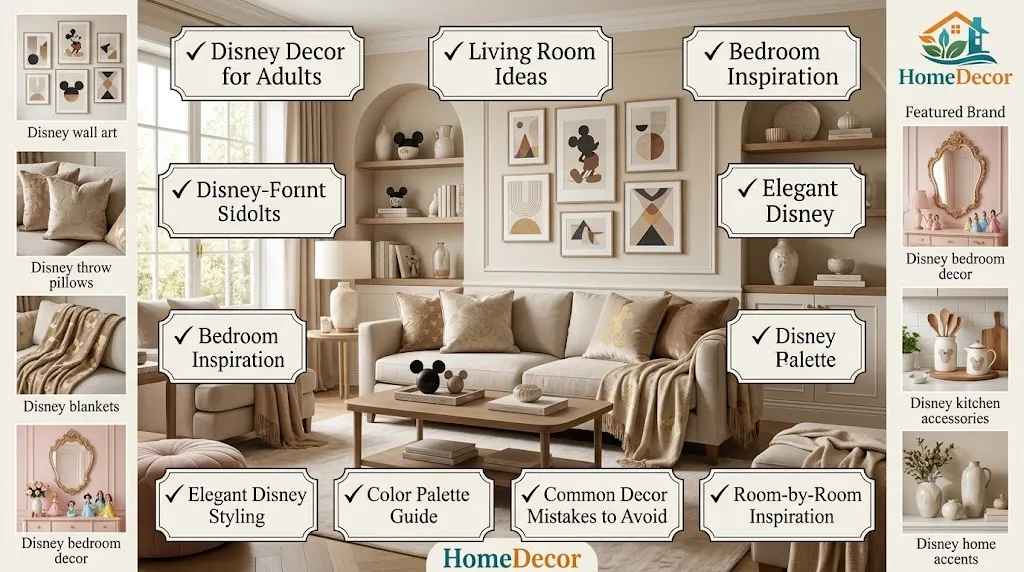 Disney home decor ideas featuring an elegant living room with subtle Mickey accents, Disney wall art, luxury throw pillows, stylish home accessories, and adult-friendly Disney-inspired interior design.
