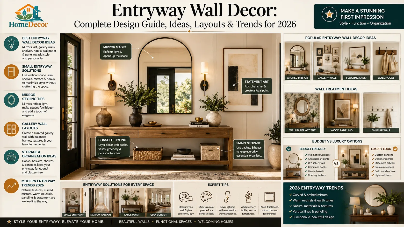 Luxury modern entryway wall decor featuring an arched mirror, gallery wall, floating shelves, decorative hooks, wood paneling, statement artwork, and stylish storage ideas for small and large entryways.