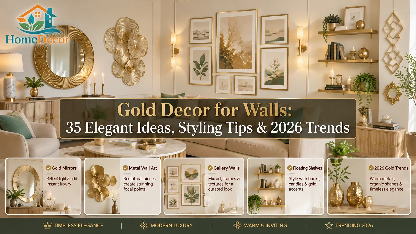 Luxury living room featuring gold decor for walls, including a brushed gold mirror, metal wall art, gallery wall frames, and modern gold accents for 2026 interior design trends.