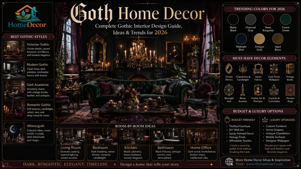 Goth home decor living room featuring black velvet furniture, antique mirrors, gothic wall decor, chandeliers, dark academia styling, and luxury gothic interior design trends for 2026.