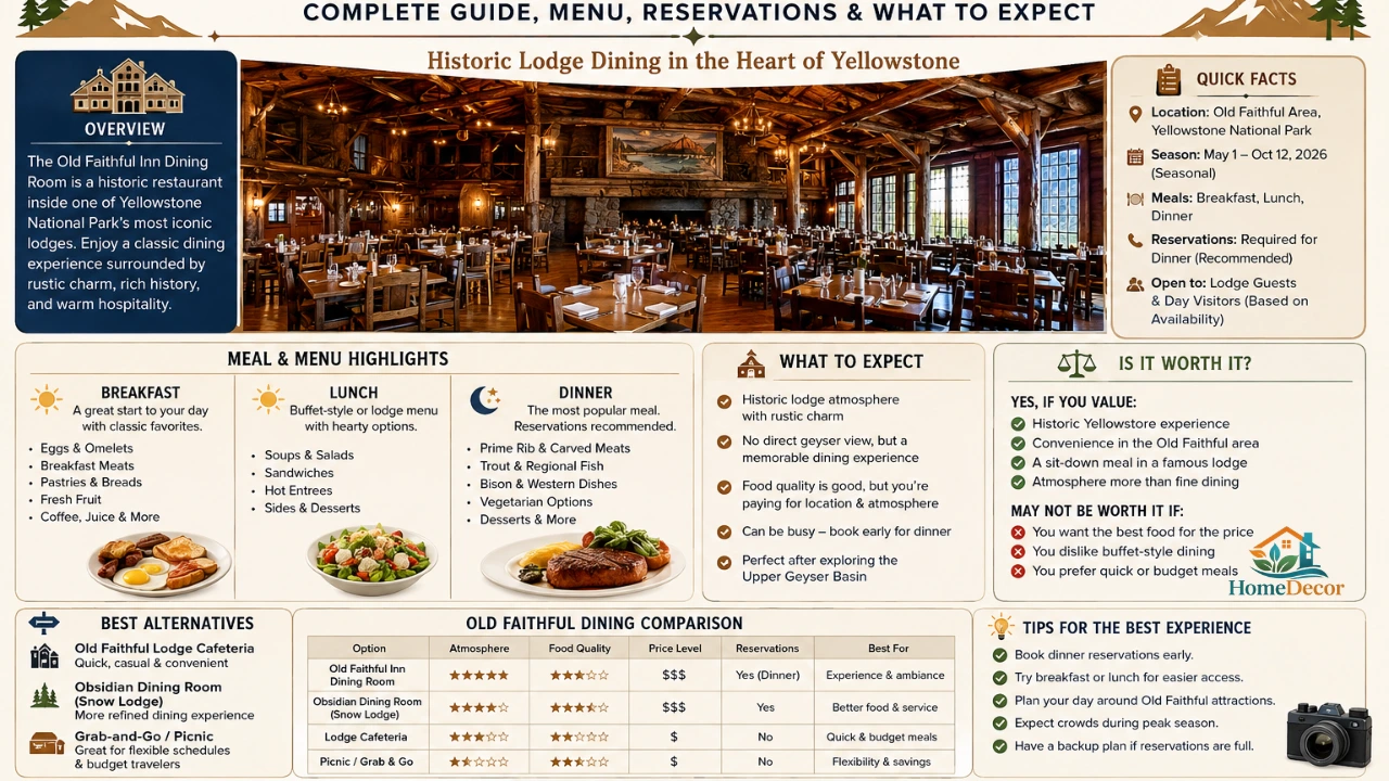 Old Faithful Inn Dining Room infographic showing menu highlights, reservations, dining tips, and Yellowstone lodge atmosphere.