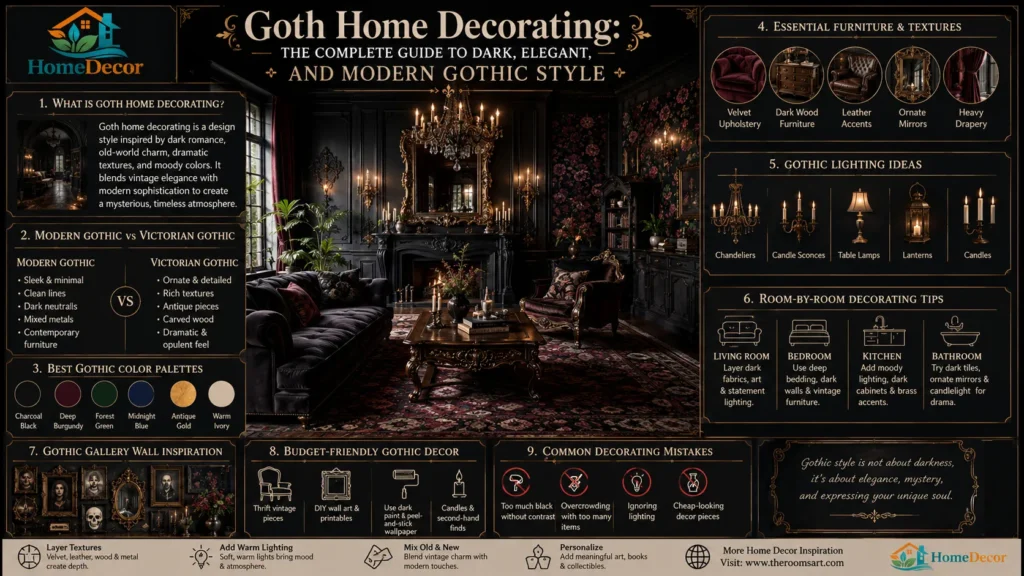 Goth home decorating guide featuring a luxurious modern gothic living room with dark velvet furniture, an ornate mirror, gothic lighting, moody wallpaper, and elegant vintage-inspired decor.