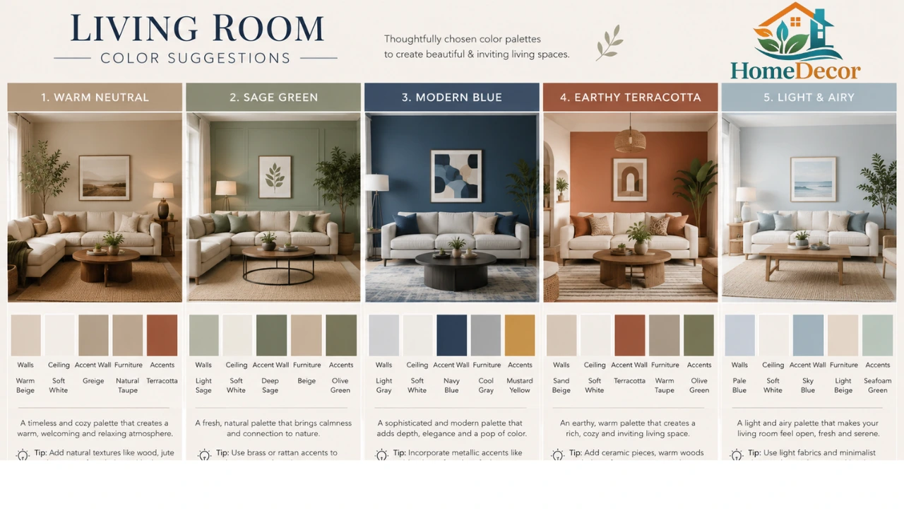 Color suggestions for living room infographic featuring warm white, sage green, greige, terracotta, and navy color palettes with modern furniture and designer decor ideas.