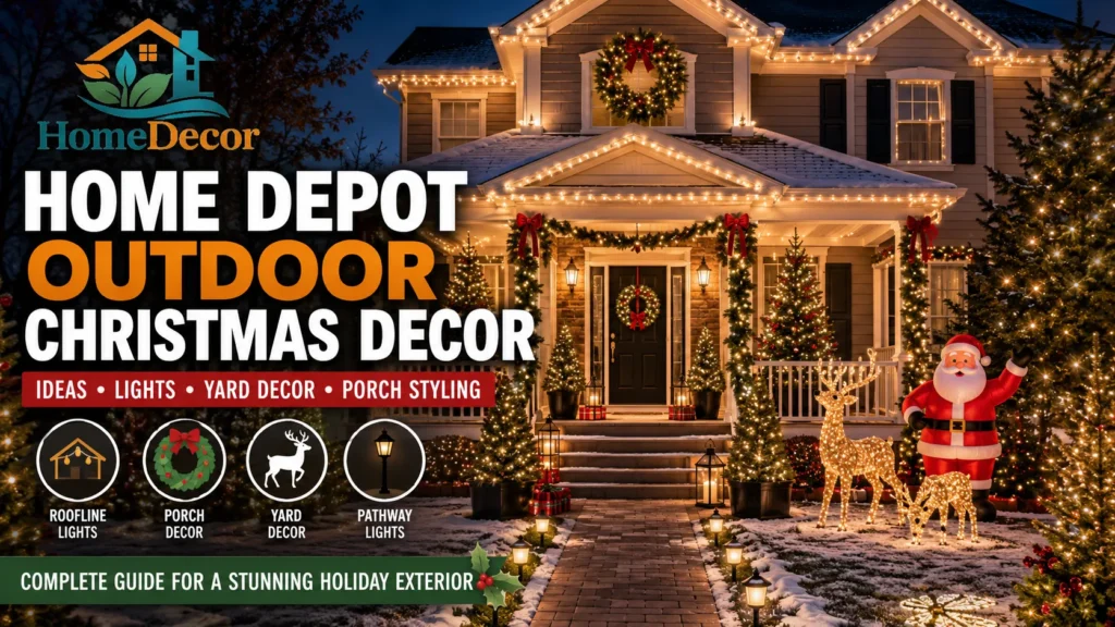 Home Depot outdoor Christmas decor featuring a festive front porch, wreath, garlands, roofline lights, pathway lighting, and elegant yard decorations.