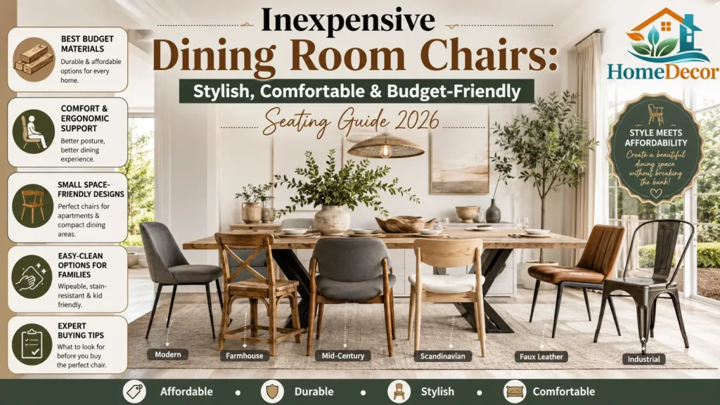 Stylish, inexpensive dining room chairs in modern, farmhouse, Scandinavian, and mid-century styles are displayed around an elegant dining table in a budget-friendly dining room.