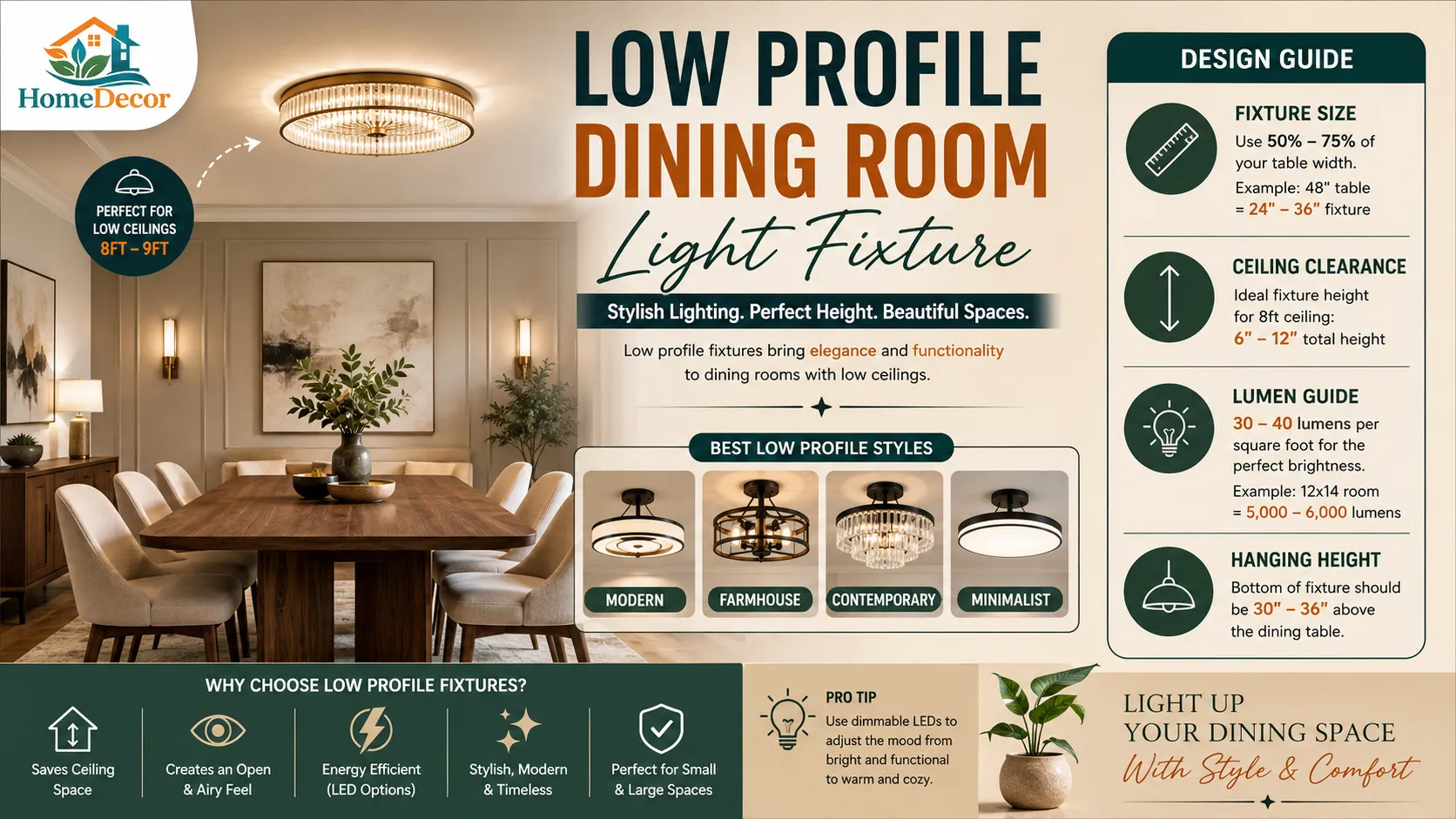 Modern dining room with a low-profile dining room light fixture, styled with a wooden table, upholstered chairs, and warm contemporary decor.