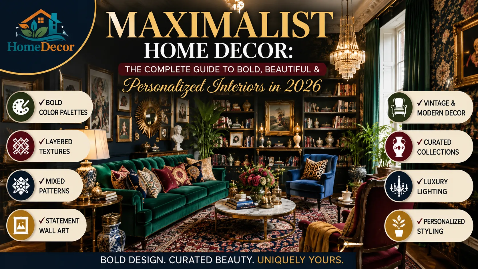 Maximalist home decor living room featuring jewel-tone furniture, layered textures, gallery walls, statement lighting, and curated luxury interior design ideas for 2026.