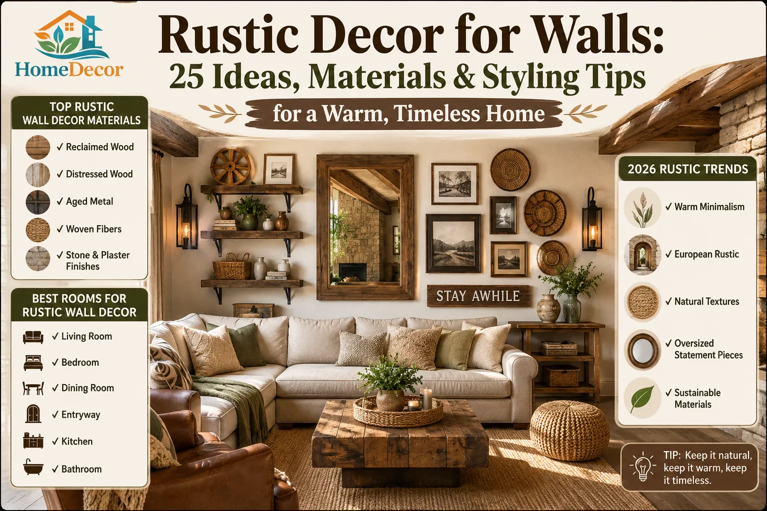 Rustic wall decor featuring reclaimed wood panels, vintage mirrors, woven baskets, farmhouse shelving, and modern rustic wall styling ideas in a warm, luxurious living room.