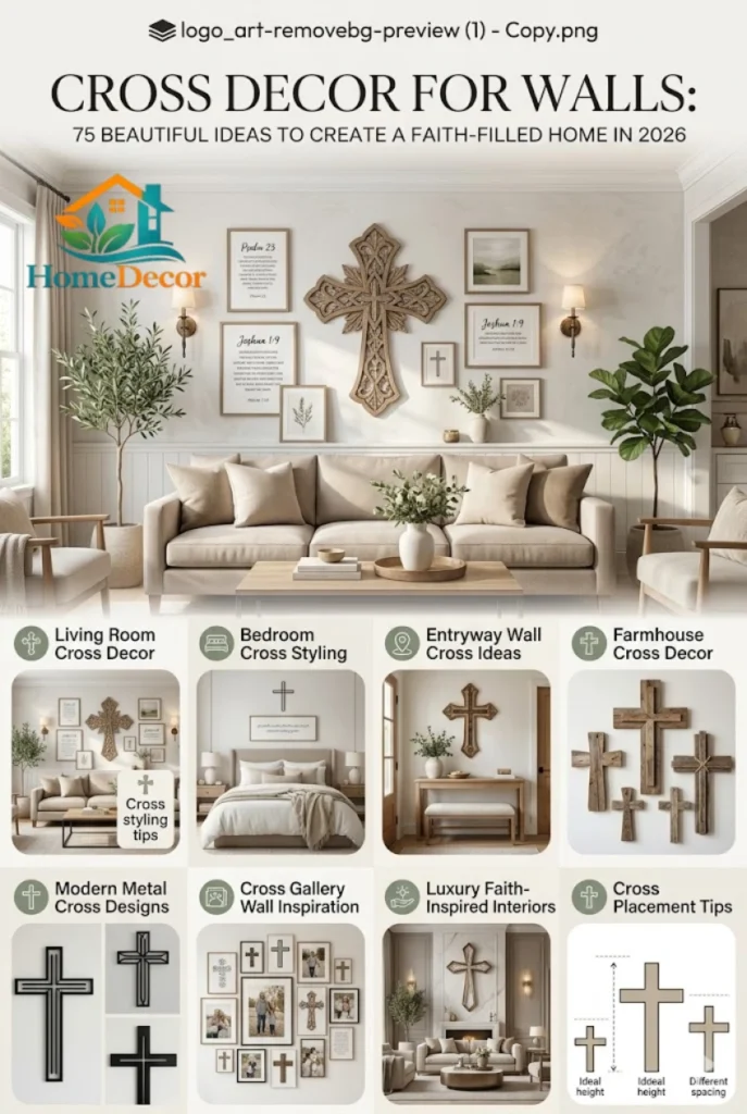 Cross decor for walls featuring wooden and metal wall crosses in modern farmhouse and Christian-inspired home interiors with stylish room-by-room decorating ideas.
