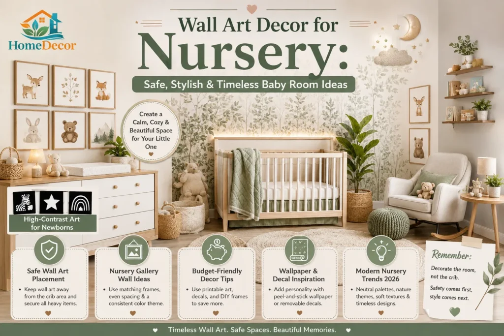 Wall art decor for a nursery featuring framed prints, woodland artwork, gallery wall ideas, wallpaper accents, and safe nursery wall decor placement in a modern baby room.