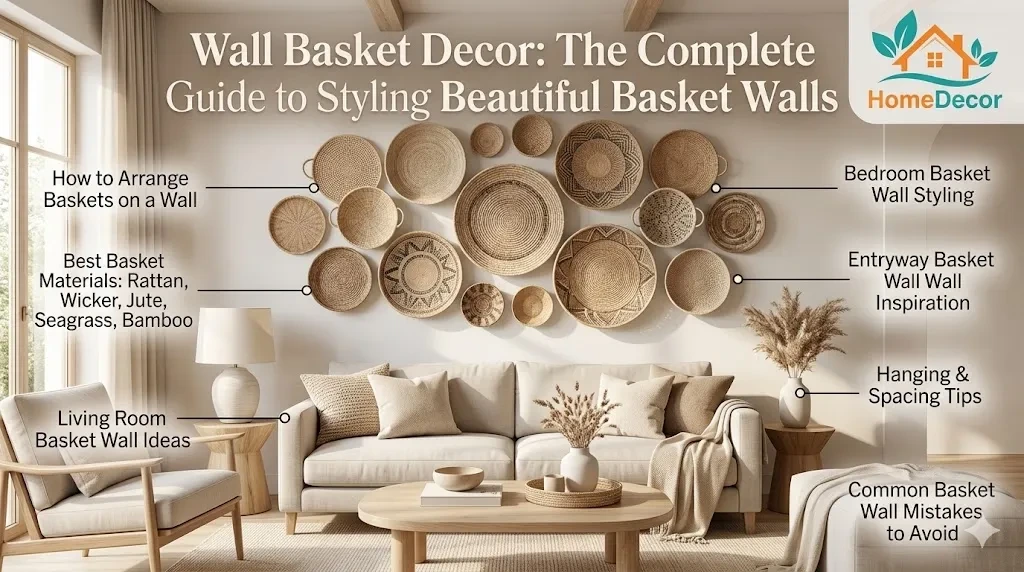Wall basket decor gallery wall featuring woven rattan, wicker, and seagrass baskets in a modern organic living room with boho, farmhouse, coastal, and contemporary styling ideas.