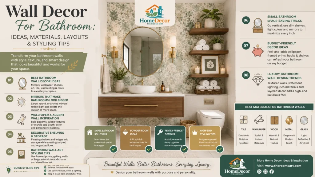 Wall decor for bathroom infographic featuring a statement mirror, wallpaper accent wall, floating shelves, framed artwork, decorative lighting, and modern bathroom styling ideas for small bathrooms, powder rooms, and luxury spaces.