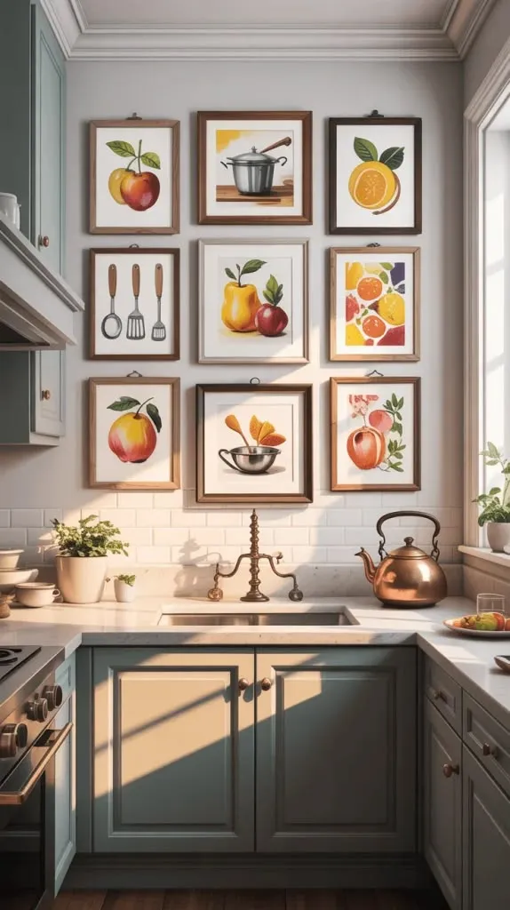 Stylish wall kitchen decor ideas in a modern kitchen with floating shelves, framed art, coffee station decor, plate wall styling, and warm neutral accents.