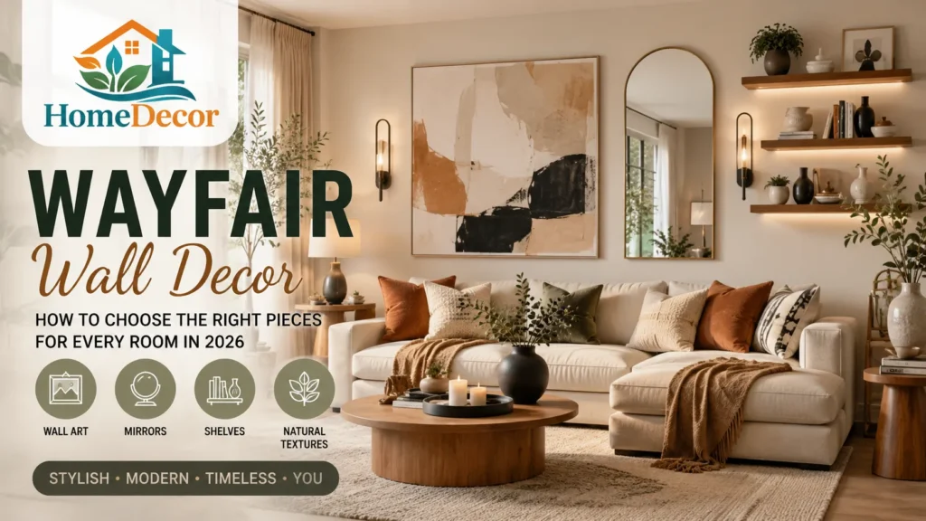 Modern living room with Wayfair wall decor ideas featuring oversized abstract wall art, arched mirror, floating shelves, sconces, and neutral decor styling.