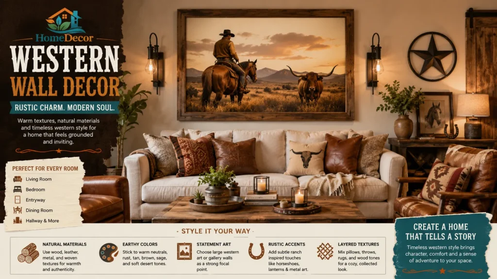 Western wall decor ideas in a warm, modern, rustic living room with western wall art, wood accents, earthy tones, and ranch-inspired styling.