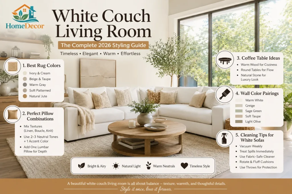 White couch living room styled with neutral decor, wooden coffee table, textured rug, and soft lighting in a modern luxury interior design.
