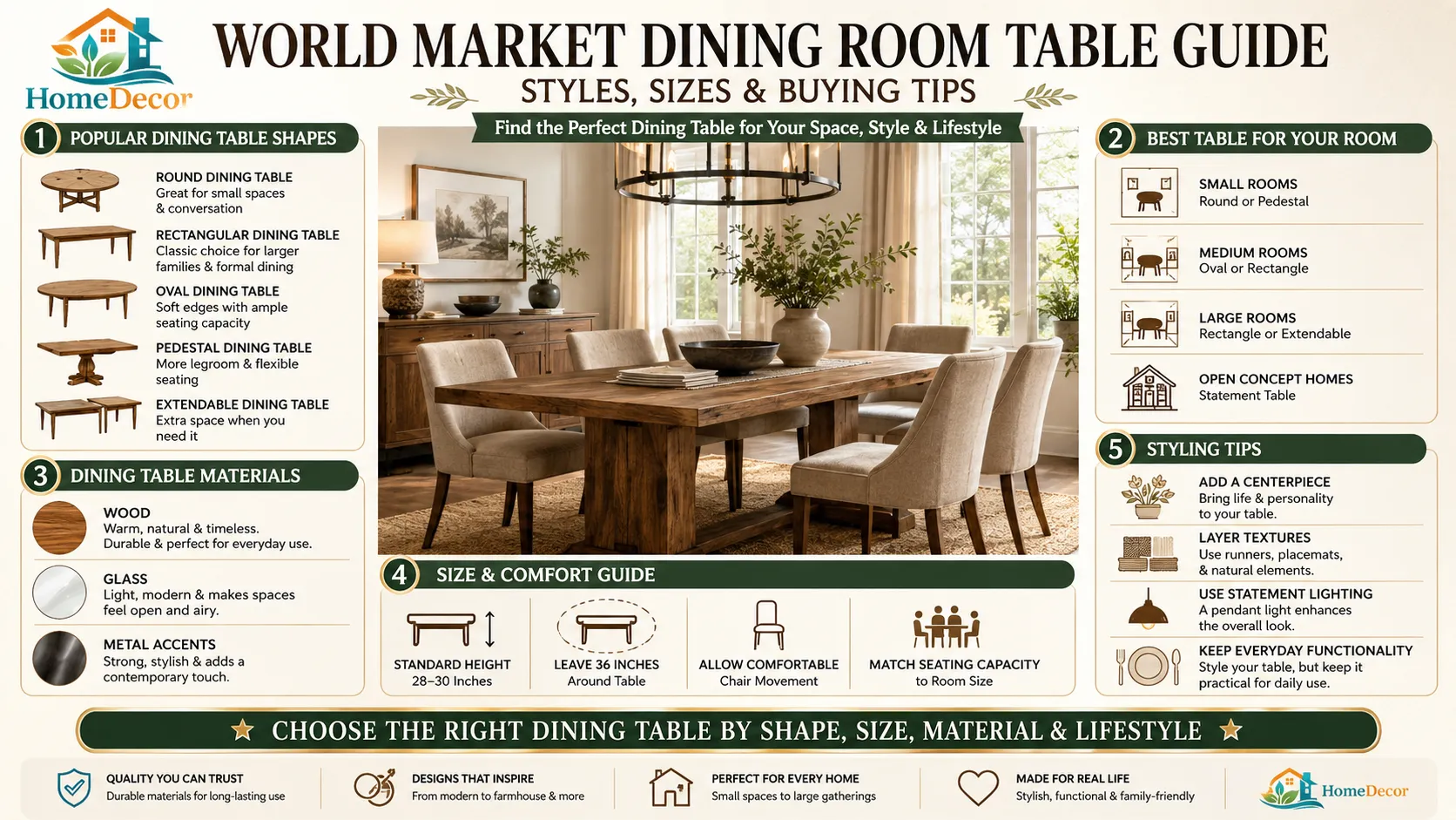World Market dining room table guide infographic showing dining table shapes, size recommendations, material comparisons, styling tips, and room planning advice.