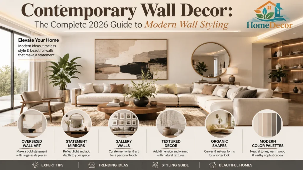 Contemporary living room featuring oversized abstract wall art, sculptural mirror, neutral furniture, warm wood accents, and modern wall decor ideas styled in a luxury organic modern interior.