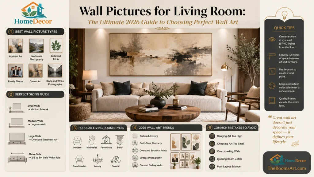 Wall Pictures for Living Room infographic showing wall art sizing rules, above-sofa placement, gallery wall layouts, modern design styles, and 2026 wall decor trends.