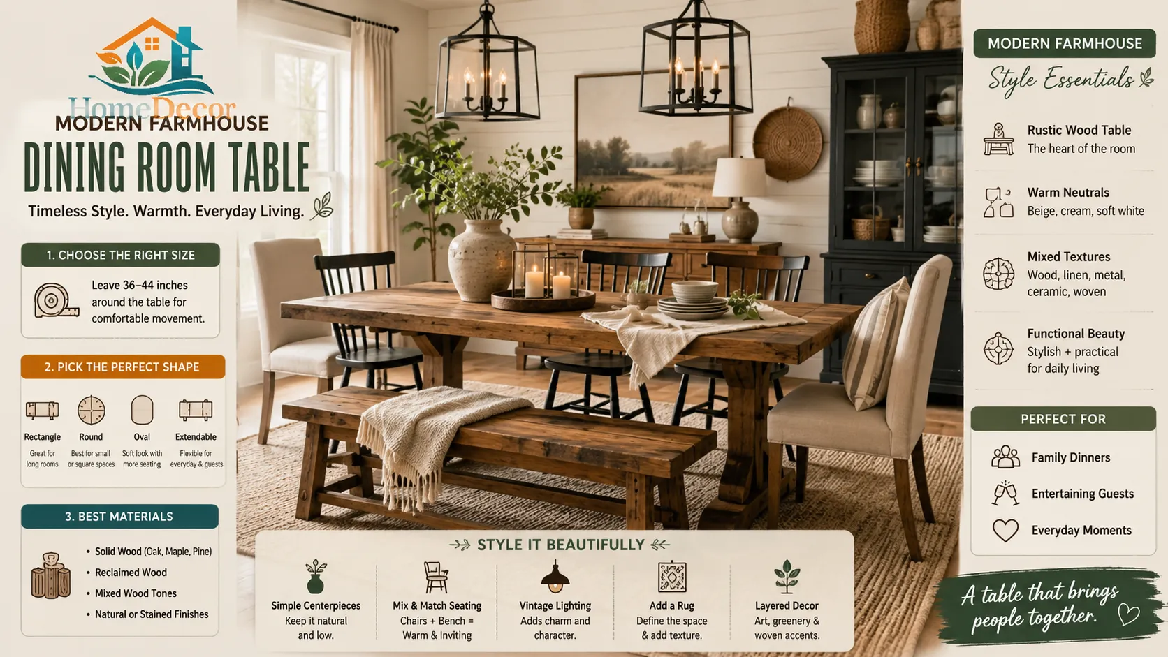 Modern farmhouse dining room table in a warm neutral dining room with wood chairs, bench seating, vintage pendant lighting, and rustic farmhouse decor.