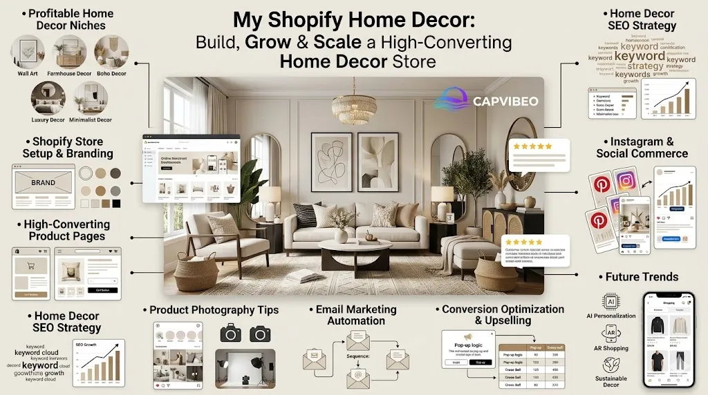 My Shopify Home Decor infographic shows a luxury Shopify home decor store strategy including SEO, Pinterest marketing, product photography, conversion optimization, branding, and ecommerce growth tips.