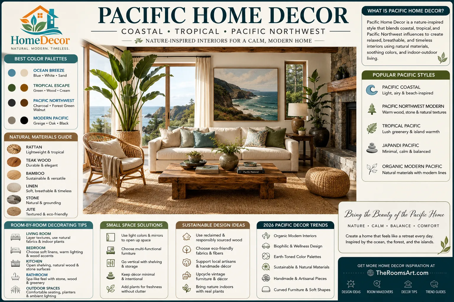Pacific home decor living room featuring coastal, tropical, and Pacific Northwest design with natural wood furniture, rattan accents, greenery, and neutral colors.
