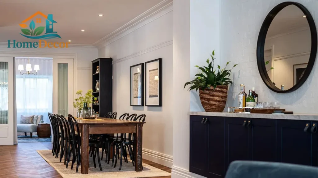 "2026 Dining Room Sideboard infographic showing styles, storage layout, sizing tips, styling ideas, modern features, style, and carrying on advice for a functional and stylish dining room."