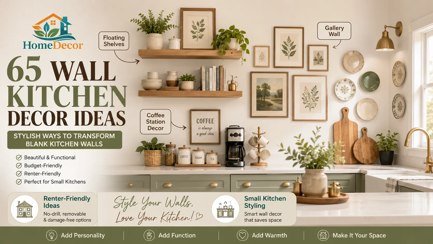Stylish wall kitchen decor ideas in a modern kitchen with floating shelves, framed art, coffee station decor, plate wall styling, and warm neutral accents.
