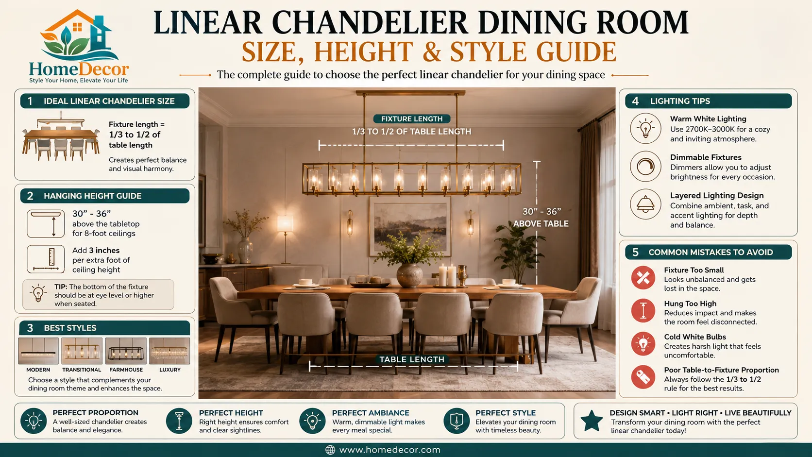 Linear chandelier dining room infographic showing chandelier sizing rules, hanging height recommendations, lighting tips, and style options for rectangular dining tables.